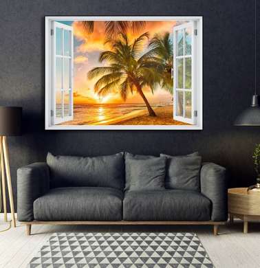 Wall Decal - Sunset Beach View Window, Window imitation