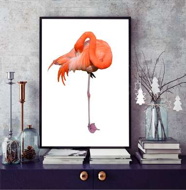 Постер - Фламинго на белом фоне, 30 x 60 см, Холст на подрамнике, Минимализм