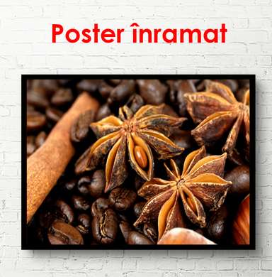 Poster - Coffee beans with cinnamon, 90 x 60 см, Framed poster on glass, Food and Drinks