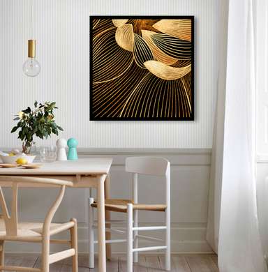 Poster - Golden lines on a black background, 100 x 100 см, Framed poster on glass, Abstract