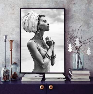 Poster - Black and white portrait of a girl, 60 x 90 см, Framed poster on glass, Black & White