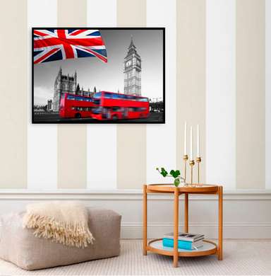 Poster - Red bus on a black and white background of the city of London, 90 x 60 см, Framed poster, Black & White