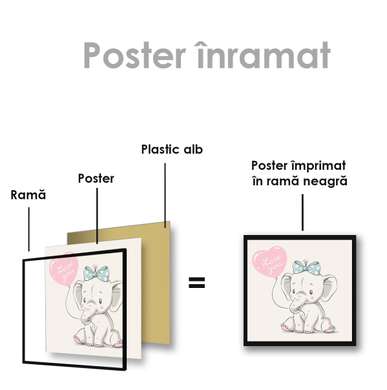 Poster - Cute Elephant with balloon, 100 x 100 см, Framed poster on glass, For Kids