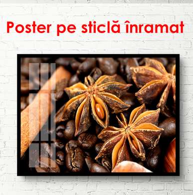Poster - Boabe de cafea cu scorțișoară, 90 x 60 см, Poster înrămat, Alimente și Băuturi