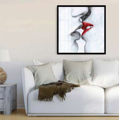 Poster - Black and red kiss, 100 x 100 см, Framed poster on glass, Nude