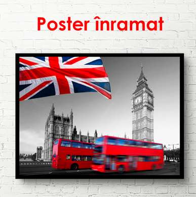 Poster - Autobuzгд roșu pe fundalul alb-negru al orașului Londra, 90 x 60 см, Poster înrămat, Alb Negru