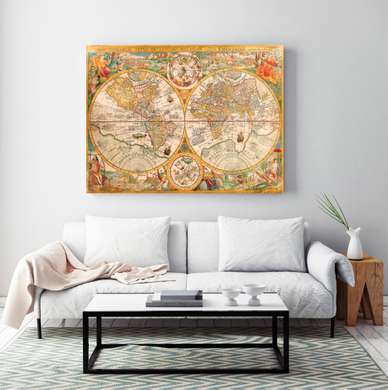 Постер - Карта Мира в коричневом цвете, 90 x 60 см, Постер в раме, Города и Карты
