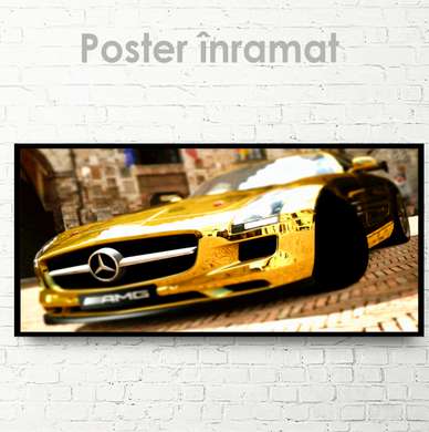 Poster - Mercedes de aur, 90 x 45 см, Poster inramat pe sticla