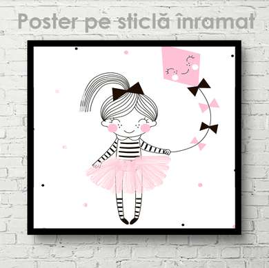 Постер - Девочка с летяющим змеем, 40 x 40 см, Холст на подрамнике, Для Детей