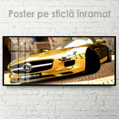 Постер - Золотой мерседес, 90 x 45 см, Постер на Стекле в раме, Транспорт