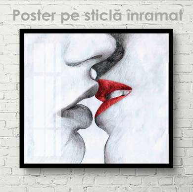 Постер - Черно-красный поцелуй, 100 x 100 см, Постер на Стекле в раме, Ню