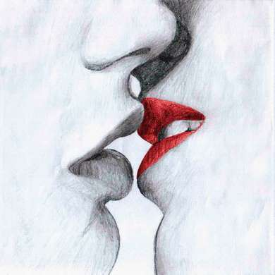 Постер - Черно-красный поцелуй, 100 x 100 см, Постер на Стекле в раме, Ню