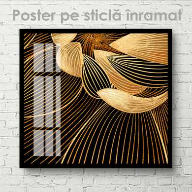 Постер - Золотые линии на черном фоне, 100 x 100 см, Постер на Стекле в раме, Абстракция