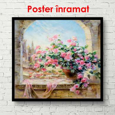 Poster - Pot of flowers on the background of an arched window, 60 x 90 см, Framed poster, Still Life