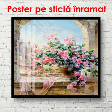 Poster - Ghiveci de flori la fereastră, 60 x 90 см, Poster înrămat, Natură Moartă