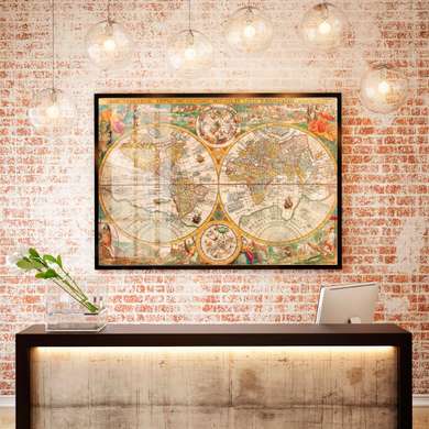 Poster - Harta lumii de culoare maro, 90 x 60 см, Poster inramat pe sticla, Orașe și Hărți