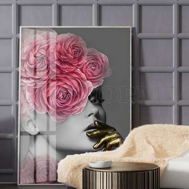 Poster - Lady with pink flowers, 30 x 45 см, Canvas on frame, Glamour