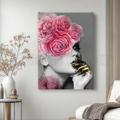 Poster - Lady with pink flowers, 60 x 90 см, Framed poster on glass, Glamour