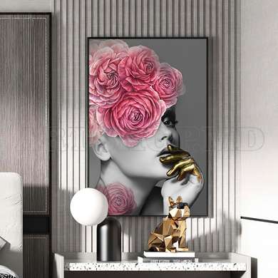 Poster - Lady with pink flowers, 60 x 90 см, Framed poster on glass, Glamour