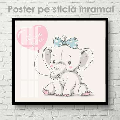 Poster - Elefant drăguț cu un balon, 100 x 100 см, Poster inramat pe sticla
