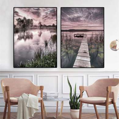 Poster - Apus de soare pe malul lacului, 30 x 45 см, Panza pe cadru