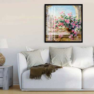 Poster - Pot of flowers on the background of an arched window, 60 x 90 см, Framed poster, Still Life