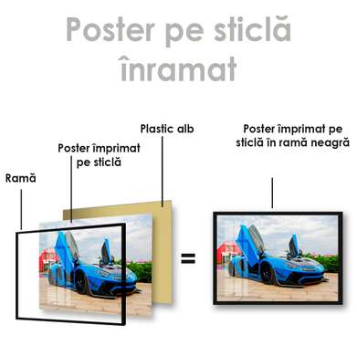 Poster - Blue Lamborghini, 90 x 60 см, Framed poster on glass, Transport