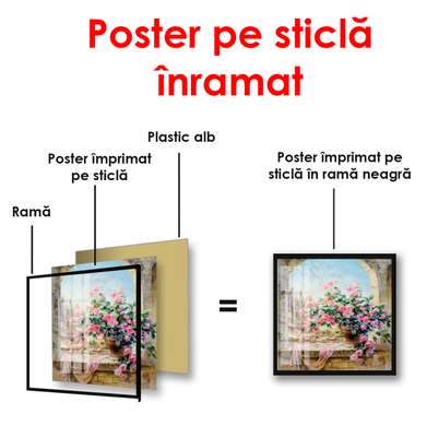 Постер - Горшок с цветами на фоне арочного окна, 60 x 90 см, Постер в раме, Натюрморт
