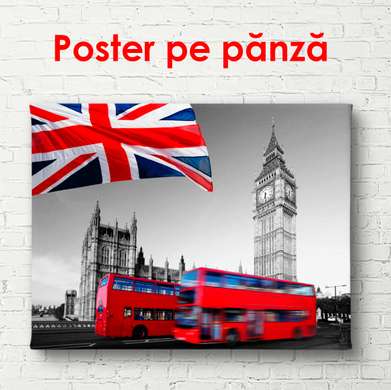 Постер - Красный автобус на фоне черно белого города Лондон, 90 x 60 см, Постер в раме, Черно Белые