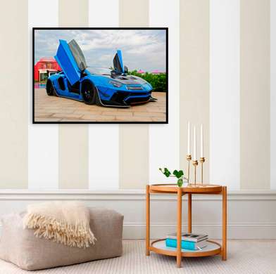 Постер - Голубой Ламборджини, 90 x 60 см, Постер на Стекле в раме, Транспорт