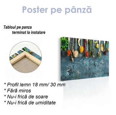 Постер - Специи и травы на серо-голубой доске, 90 x 60 см, Постер на Стекле в раме, Еда и Напитки