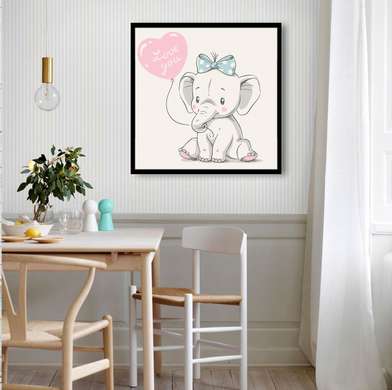 Постер - Милый Слоник с воздушным шариком, 100 x 100 см, Постер на Стекле в раме, Для Детей