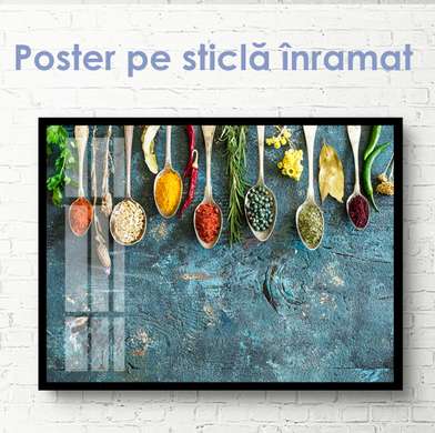 Постер - Специи и травы на серо-голубой доске, 90 x 60 см, Постер на Стекле в раме, Еда и Напитки
