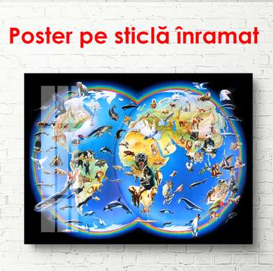 Постер - Карта мира с рыбками на черном фоне, 45 x 30 см, Холст на подрамнике, Города и Карты