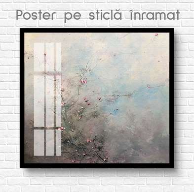 Poster - Twigs with delicate flowers 2, 100 x 100 см, Framed poster on glass
