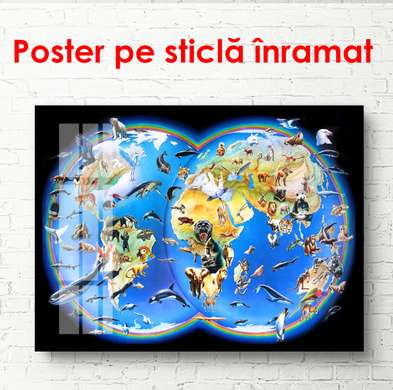Poster - Harta lumii cu pești pe fundal negru, 90 x 60 см, Poster inramat pe sticla, Orașe și Hărți