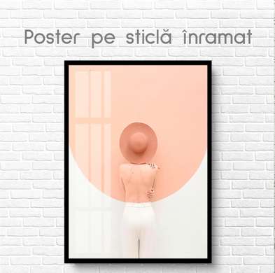 Poster - Fată cu pălărie bej, 60 x 90 см, Poster inramat pe sticla