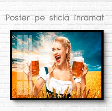 Постер - Девушка и пивные кружки, 90 x 60 см, Постер на Стекле в раме