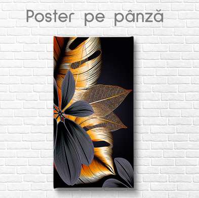 Poster - Golden leaves of tropical plants, 45 x 90 см, Framed poster on glass, Botanical