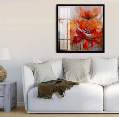 Poster - Pictura unei flori de mac pictată în vopsele în ulei, 40 x 40 см, Panza pe cadru, Botanică