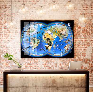 Poster - Harta lumii cu pești pe fundal negru, 90 x 60 см, Poster inramat pe sticla, Orașe și Hărți