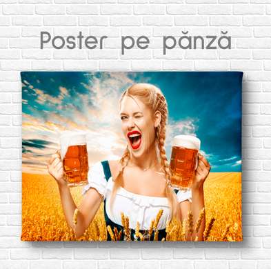 Постер - Девушка и пивные кружки, 90 x 60 см, Постер на Стекле в раме