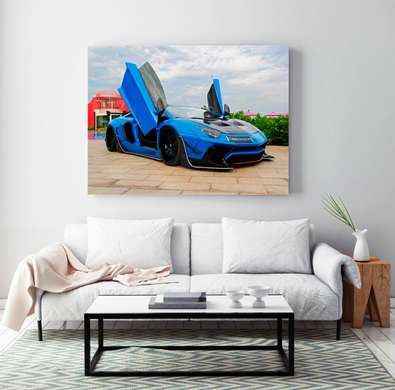 Poster - Blue Lamborghini, 90 x 60 см, Framed poster on glass, Transport