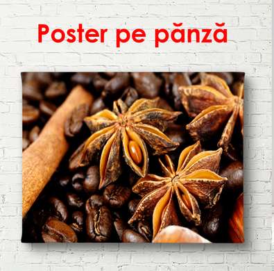 Poster - Boabe de cafea cu scorțișoară, 90 x 60 см, Poster înrămat, Alimente și Băuturi