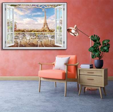 Наклейка на стену - 3D-окно с видом на французскую террасу, Имитация окна, 130 х 85