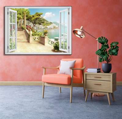 Наклейка на стену - 3D-окно с видом на город на берегу моря с цветами, Имитация окна, 130 х 85