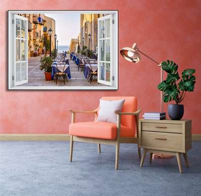 Wall Sticker - 3D window with a view of an open-air cafe, Window imitation