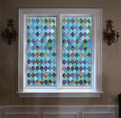 Window Privacy Film, Decorative stained glass window in blue shades with geometry, 60 x 90cm, Transparent, Window Film