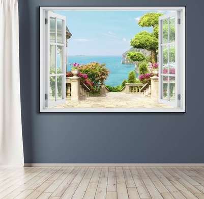 Наклейка на стену - 3D-окно с видом на лестницу, ведущую к морю, Имитация окна, 130 х 85