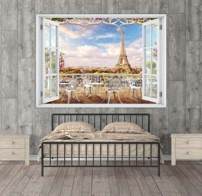 Stickere pentru pereți - Fereastra 3D cu vedere spre o terasă din Franța, Imitarea Ferestrei, 130 х 85